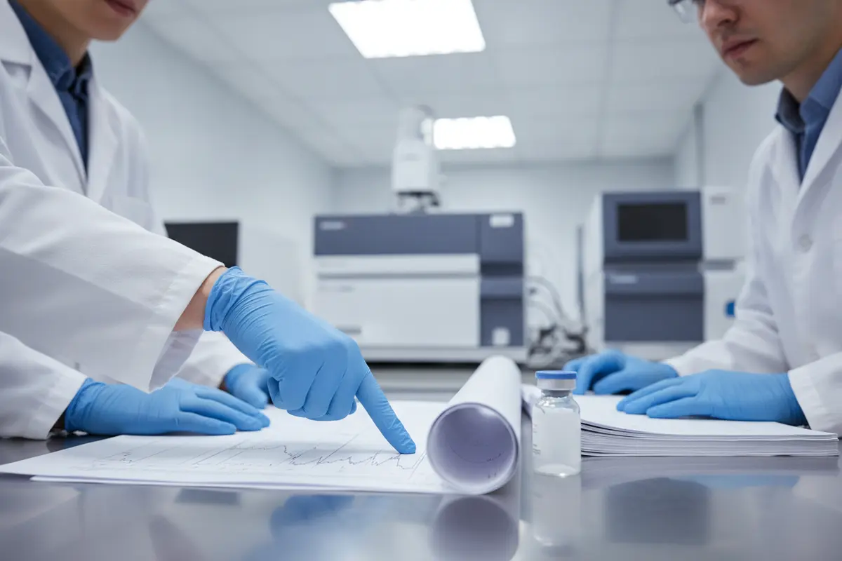 Research team comparing a batch COA, chromatogram, and sample log in a laboratory