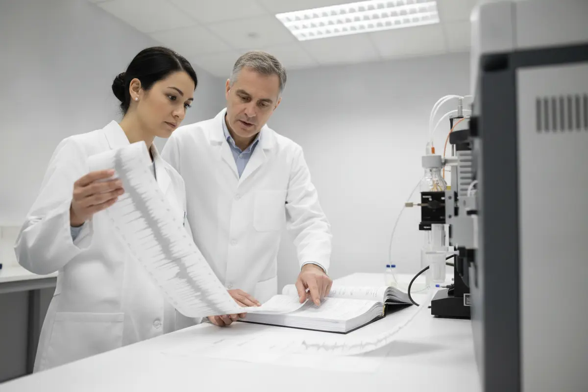 Research team reviewing batch-specific chromatography and sample traceability records