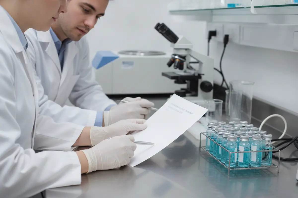 Research team reviews procurement records beside sealed sample vials