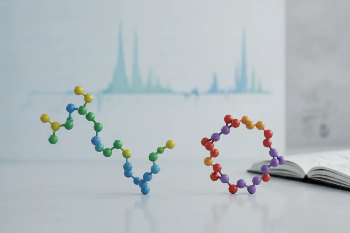Research visualization comparing linear and cyclic peptide structures with analytical data