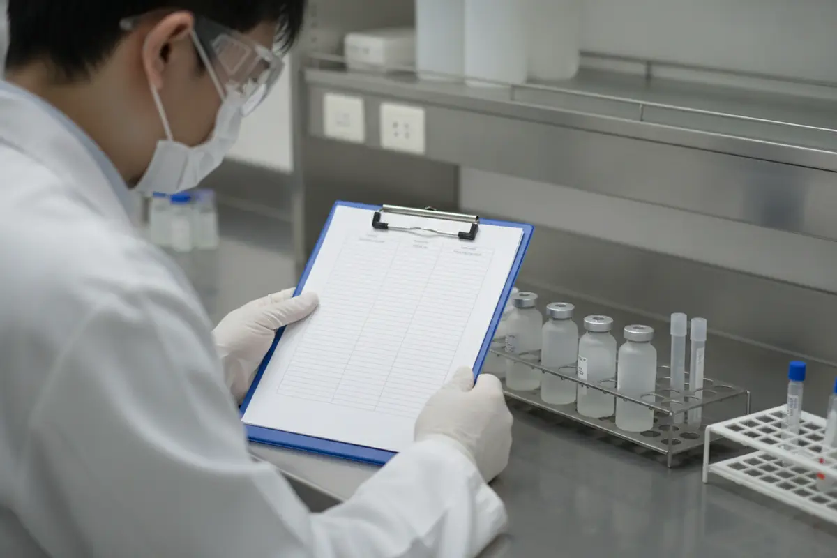 Researcher checking material identifiers and approval fields in a laboratory disposal record