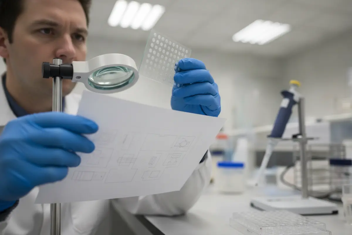 Researcher checks array control positions against a documented assay layout