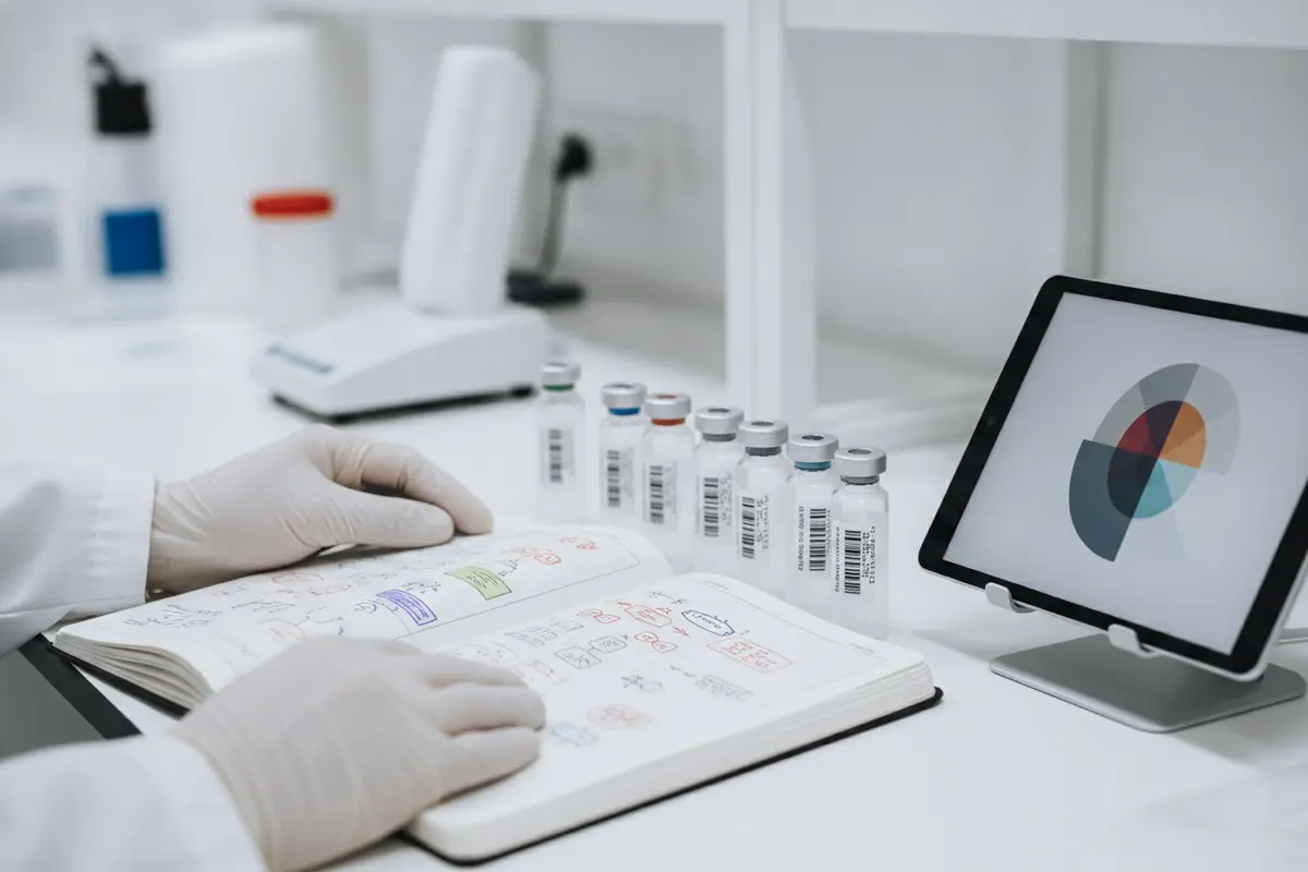Researcher comparing model, control, and outcome notes in a laboratory study plan