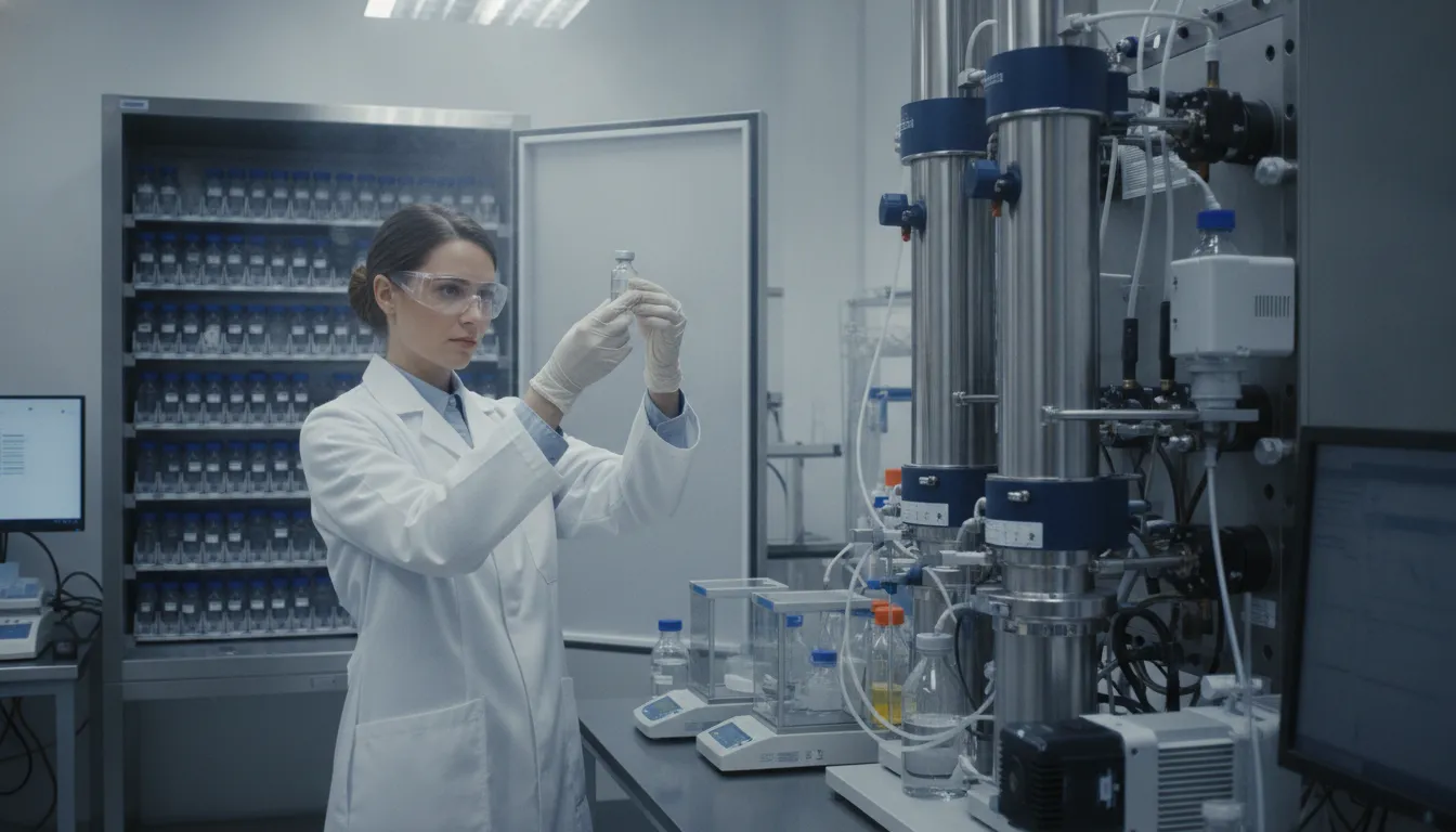 Researcher reviewing Semax peptide quality data in an analytical laboratory