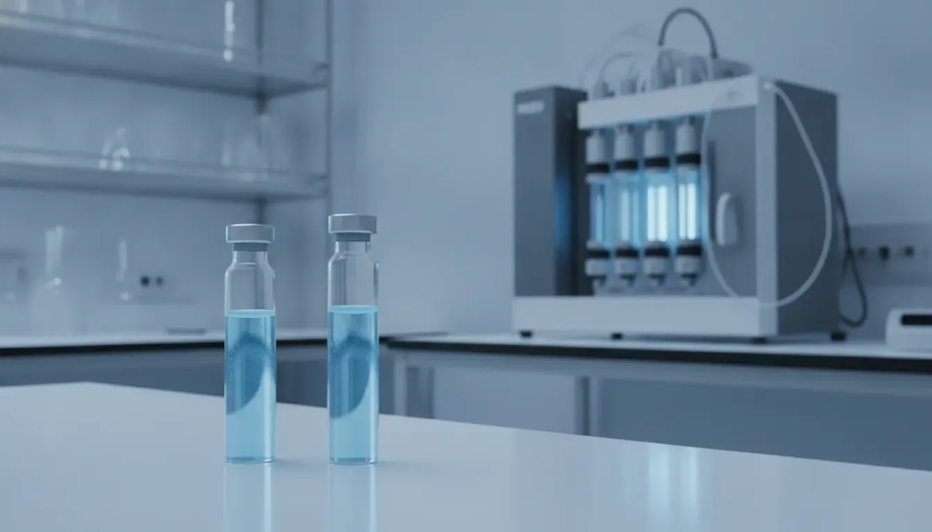 Two peptide sample vials beside chromatography equipment for sermorelin vs ipamorelin research
