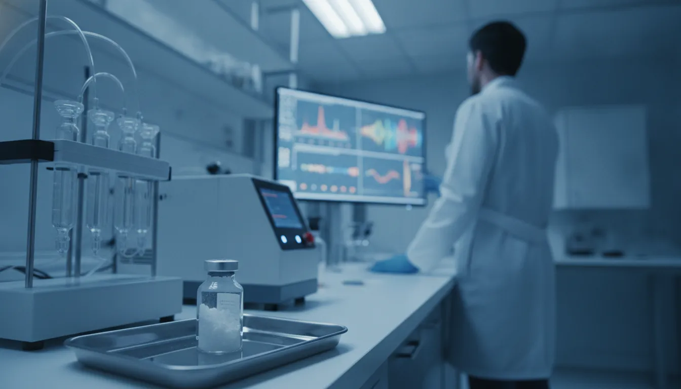 Researcher reviewing TB-500 peptide analytical documentation in a laboratory