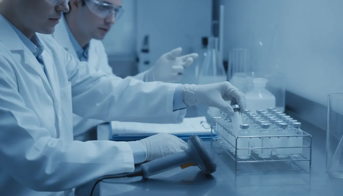 Researchers documenting a research compound handoff and storage checkpoint