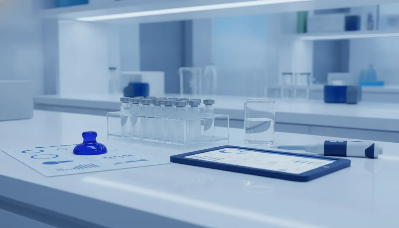 Peptide reconstitution calculator worksheet with research peptide vials and pipette