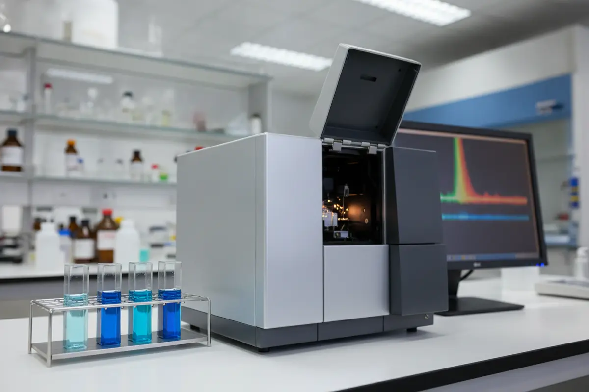 Visible absorbance spectrum and sample cuvettes prepared for laboratory method development