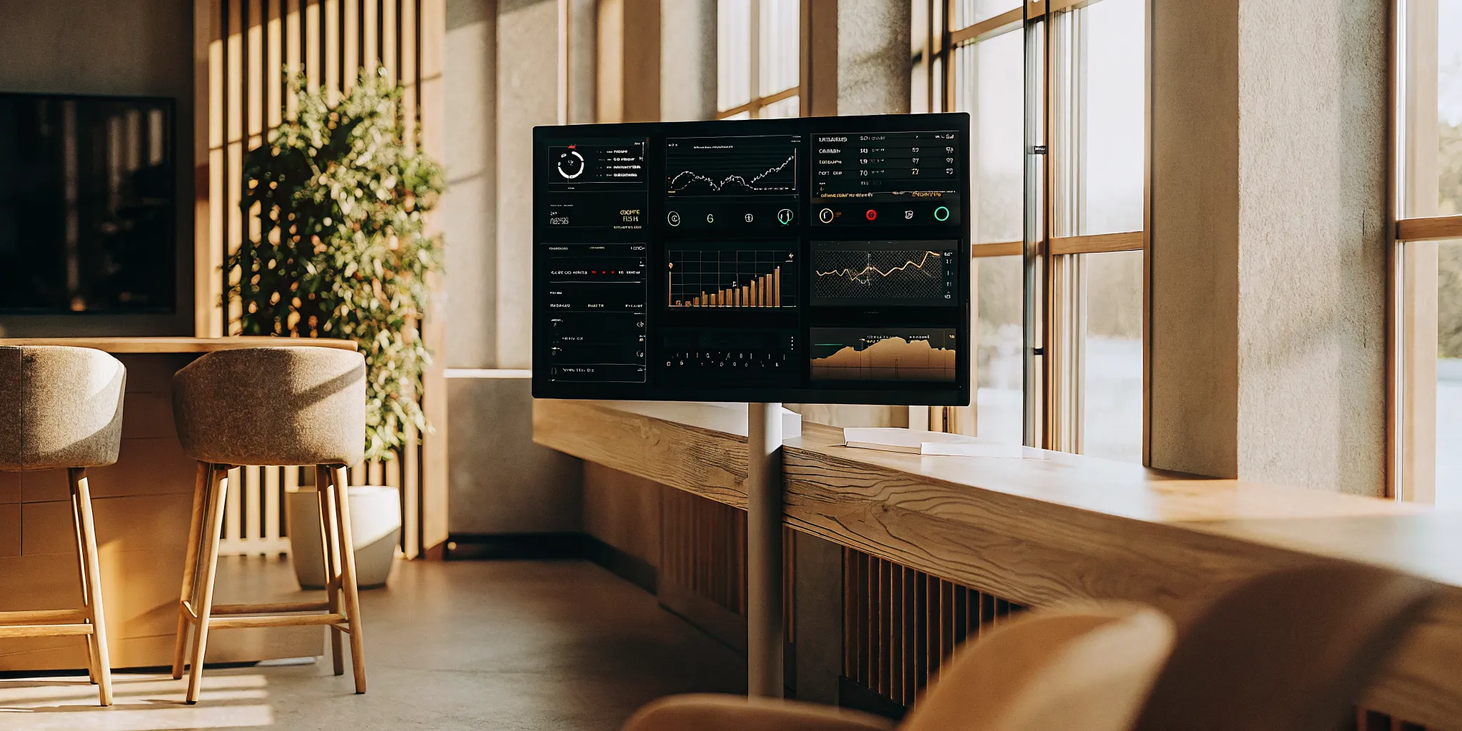 Sleek modern office space with a tech dashboard displaying hospitality contact center KPIs, analytics, and performance charts on multiple screens