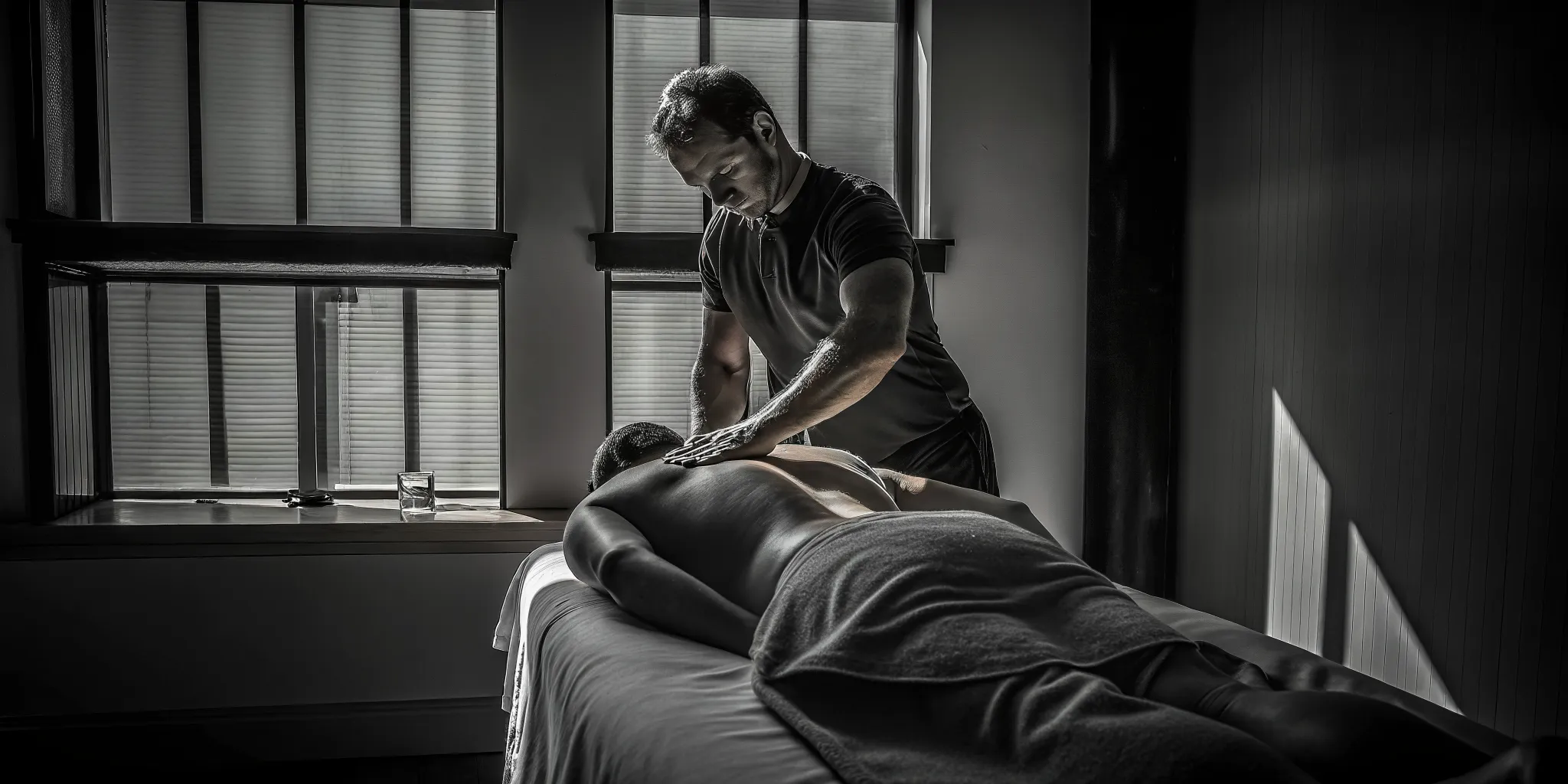 Fascia release massage therapist applying focused upper-back bodywork