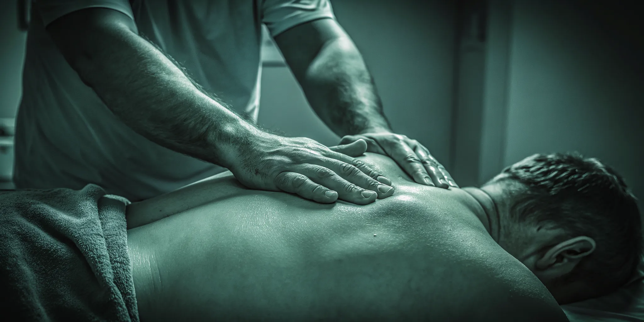 Therapist performing fascia-first myofascial release on a client's shoulder and neck to provide neck pain relief