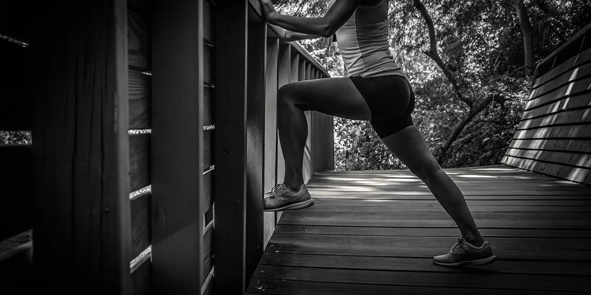 Austin runner stretching after a trail run