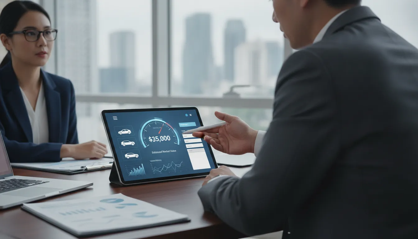 People using a car valuation tool on a tablet to estimate a vehicleu2019s market value.