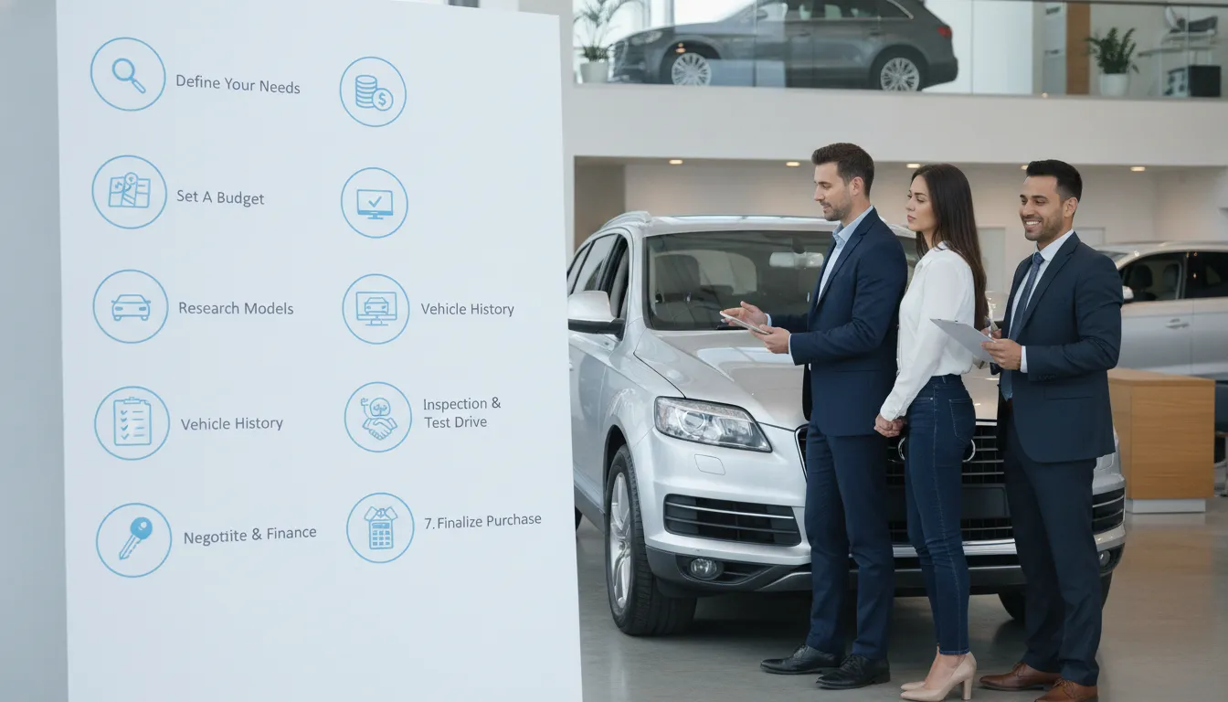 Car buyers reviewing a silver used SUV at a dealership.