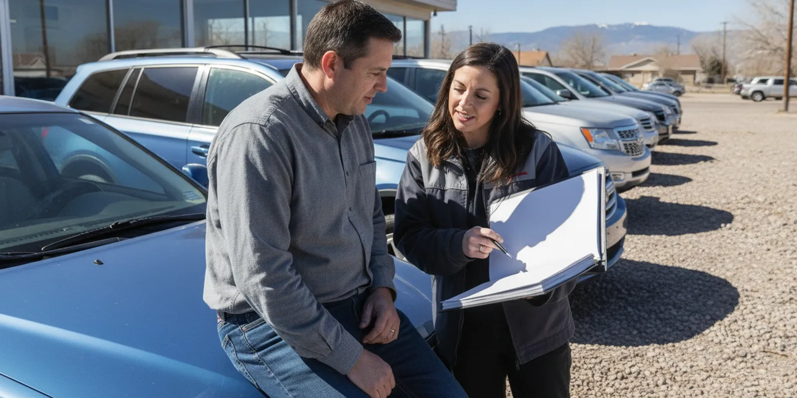 Shopper reviewing auto loan paperwork beside a pre-owned vehicle