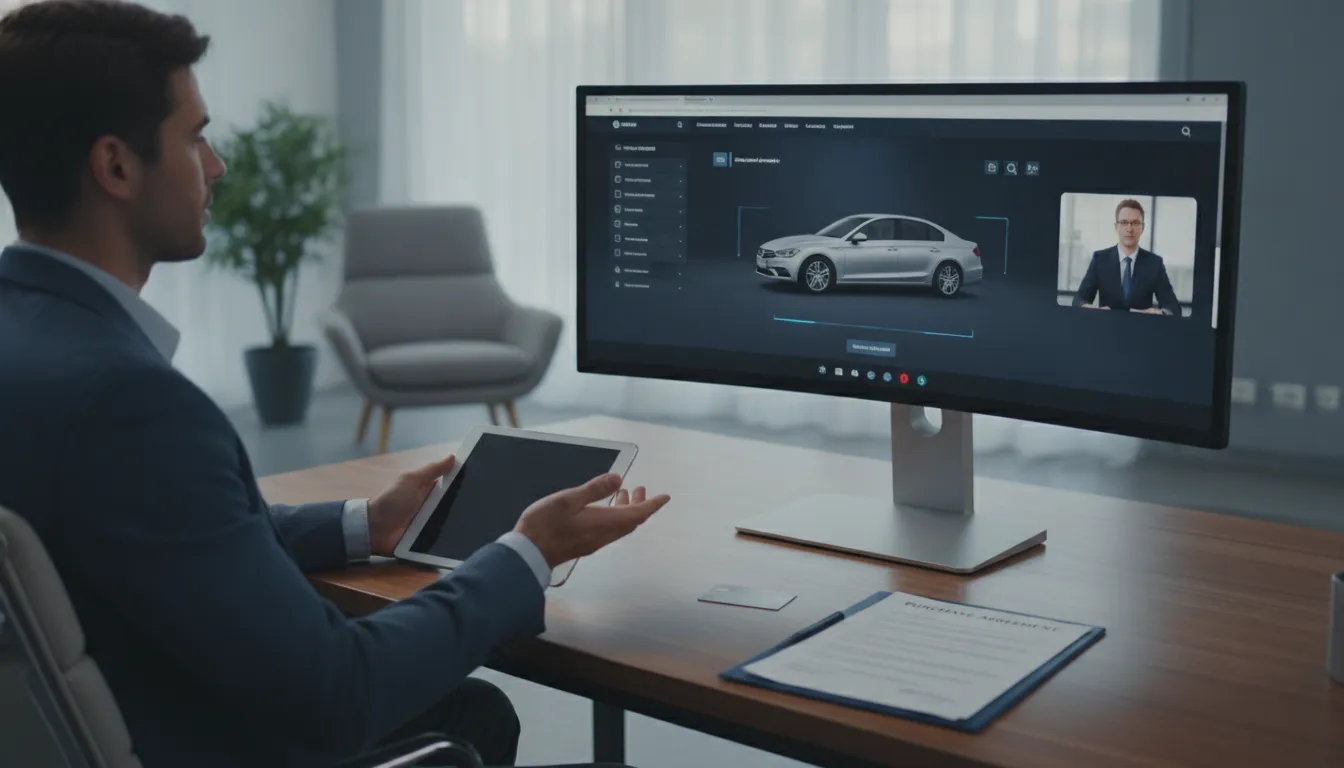 Man researching remote car buying on a computer, with a car listing and video call on screen.