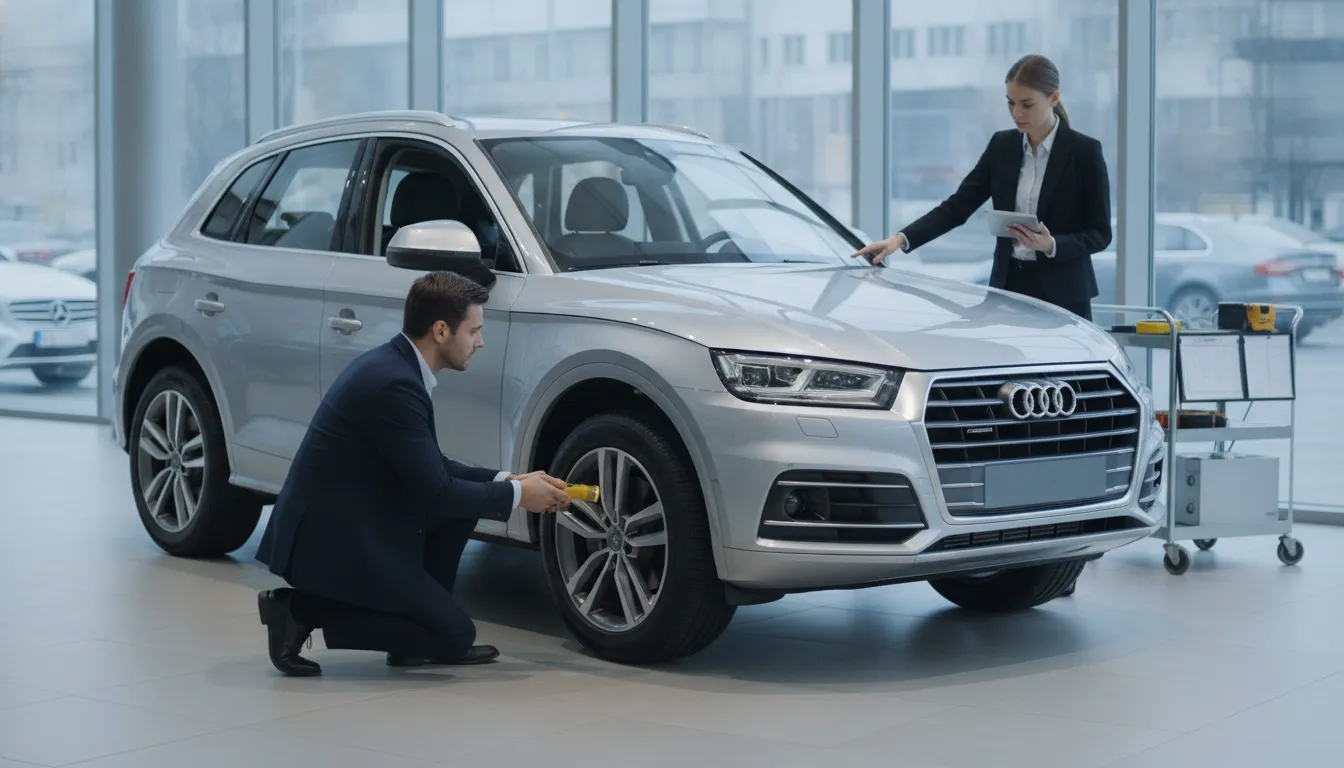Used Audi Q5 for sale being inspected at a dealership.