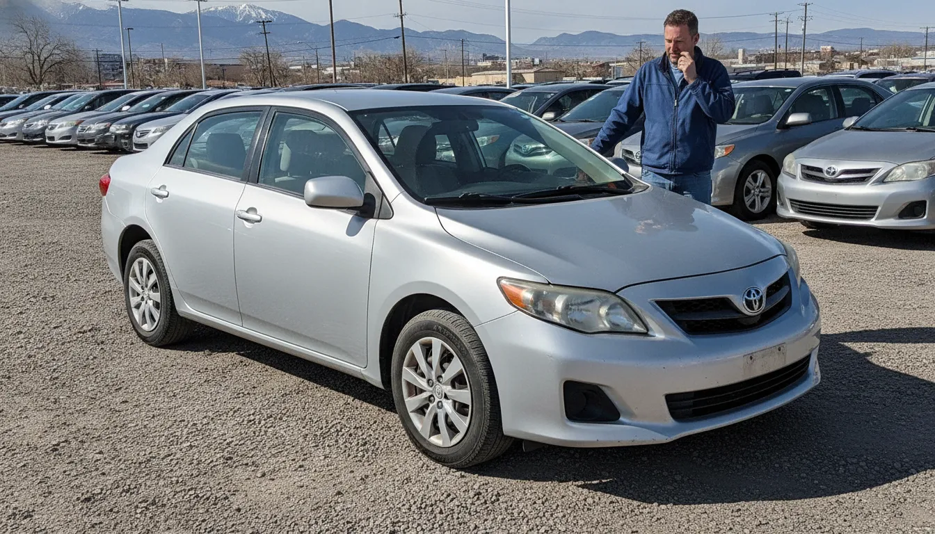 Shopper reviewing a pre-owned sedan in a dealership lot in daylight