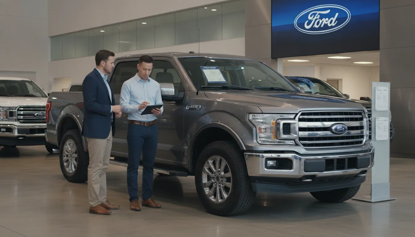 Used Ford trucks at a dealership as two men discuss a gray Ford F-150.