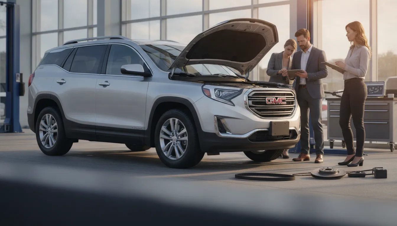 Three people inspect a used GMC Terrain under the open hood for common problems.