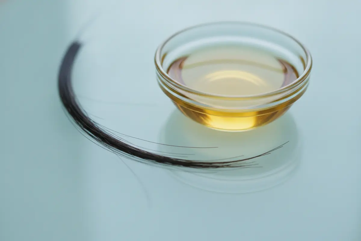 A light sheen of sunflower oil beside a smooth hair strand