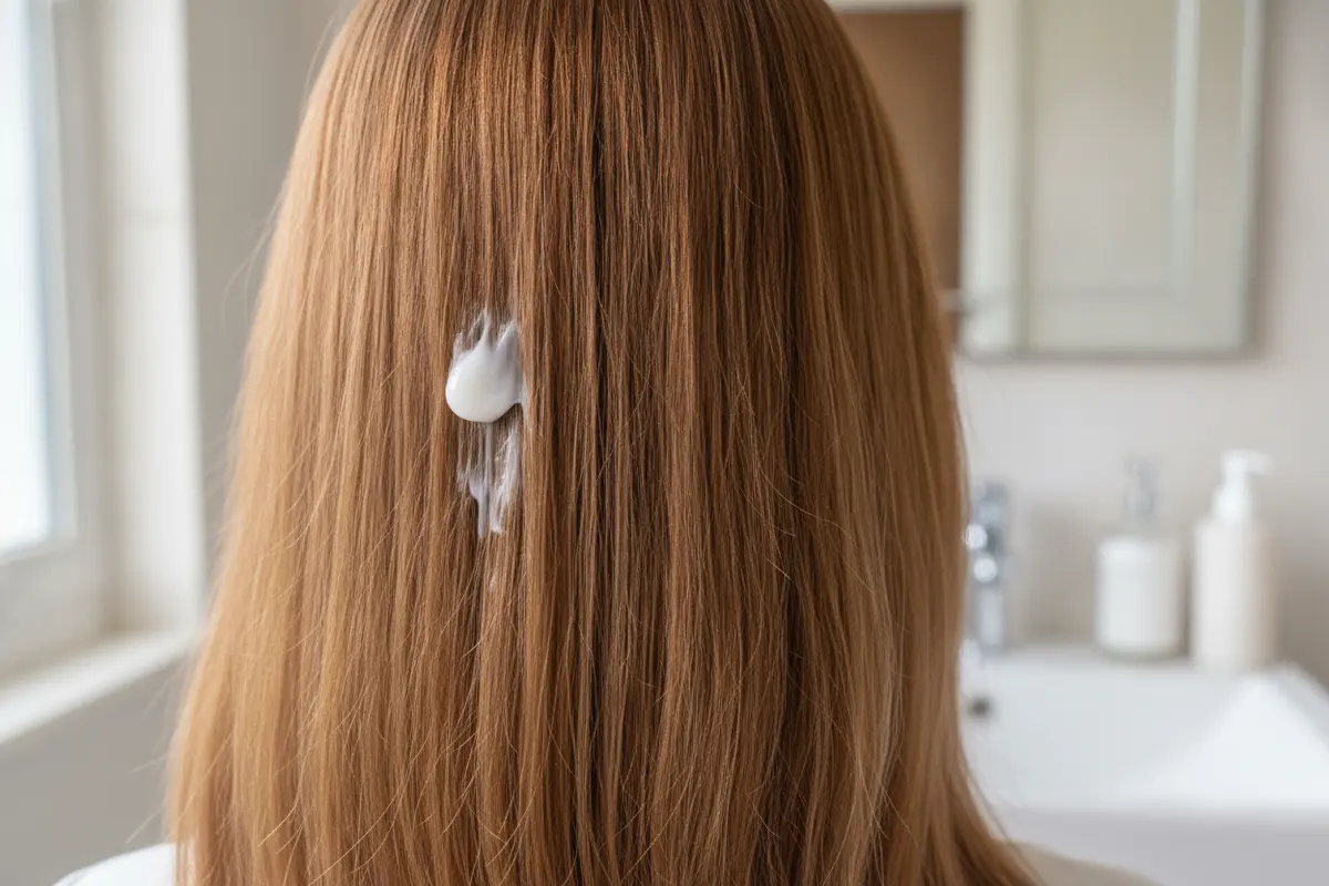 A small amount of lightweight conditioner is applied to the mid-lengths and ends of fine, colored hair