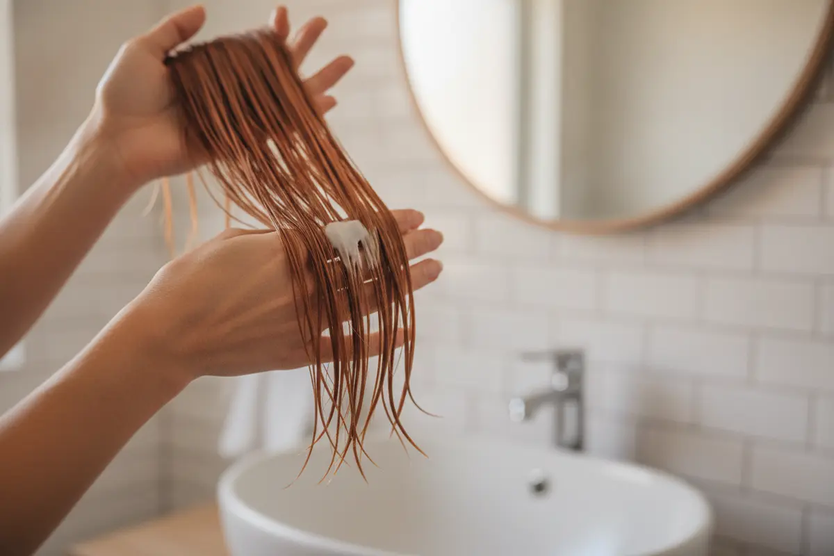 Applying a small amount of finishing cream to damp colored hair