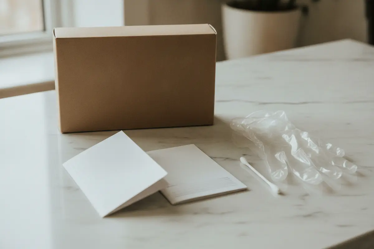 Hair color kit and gloves prepared for a patch test according to package directions
