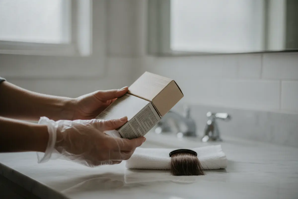 Hands compare ingredient panels on hair color boxes before choosing a dye