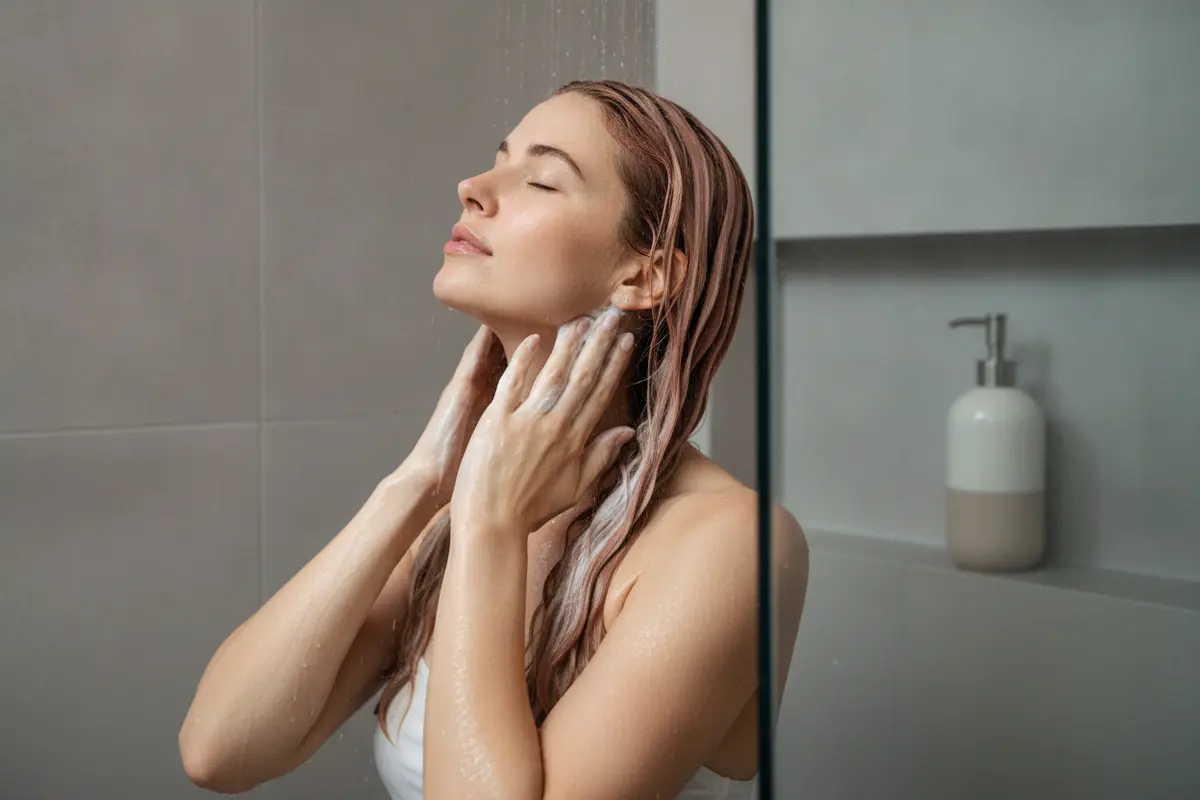 Hands smoothing conditioner through damp color-treated hair