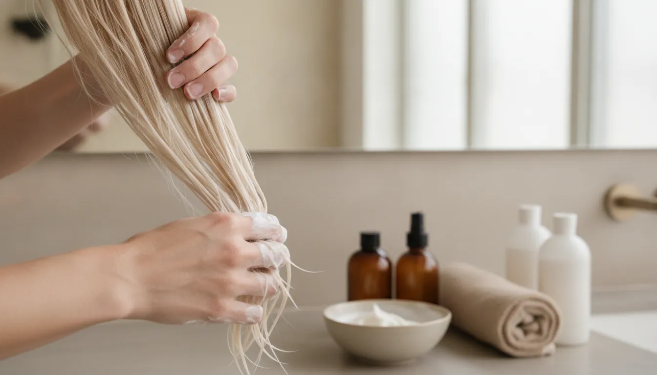 Woman with soft, healthy-looking bleached hair in natural light
