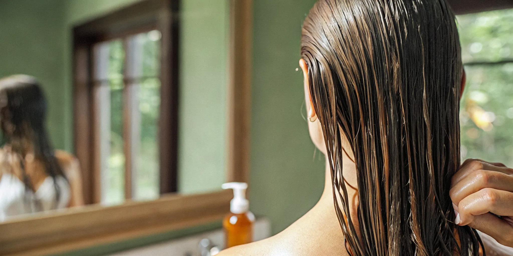 Woman pressing a few drops of hair oil through the damp ends of glossy color-treated hair after washing