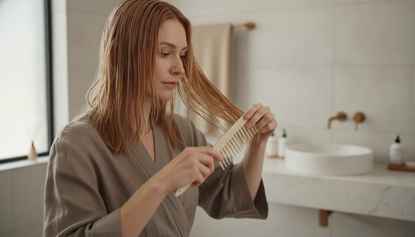 Conditioned hair being gently detangled with a wide-tooth comb