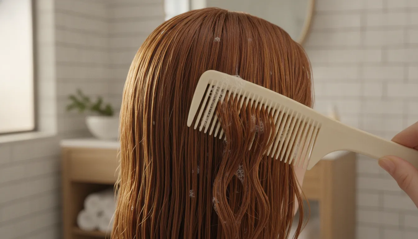 Wide-tooth comb moving through conditioned fine hair