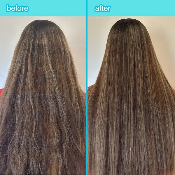 Before and after example of color-treated hair following a deep conditioning treatment