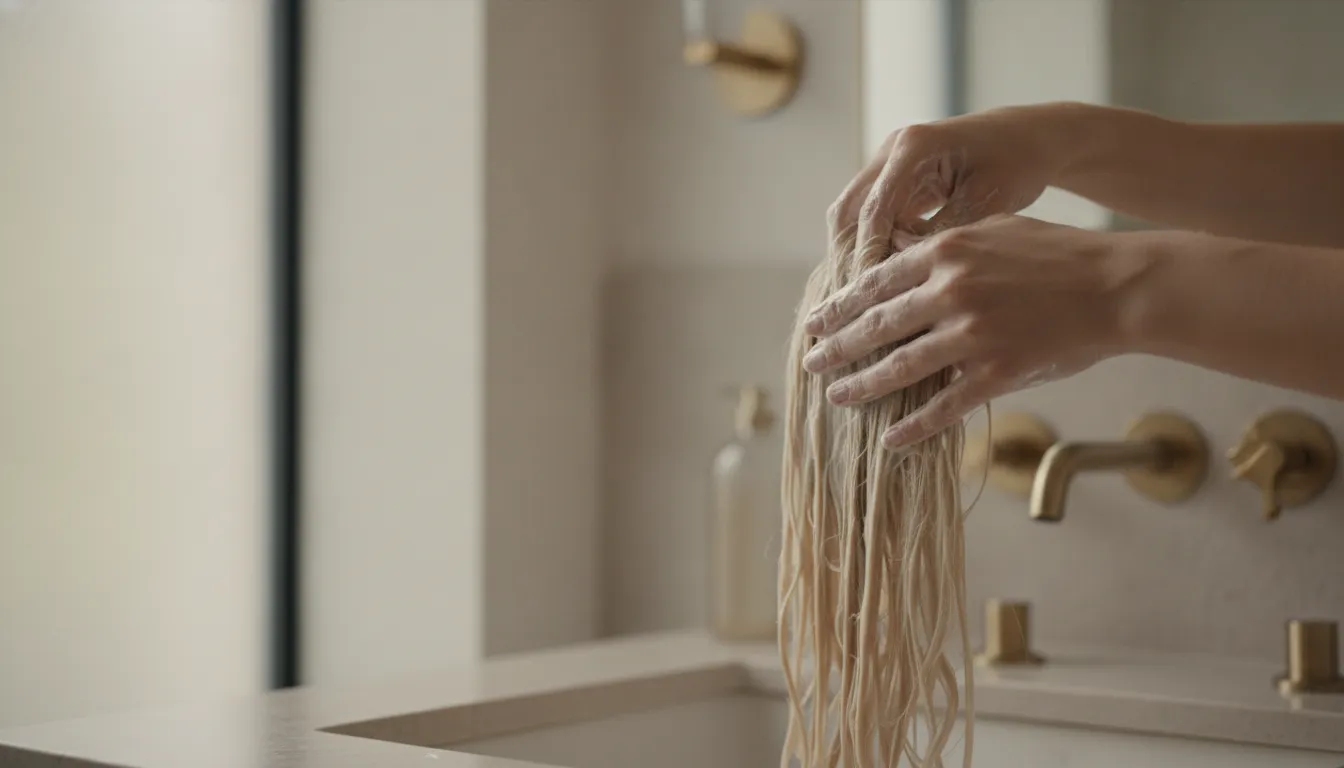 Hands applying deep conditioner to damp bleached hair