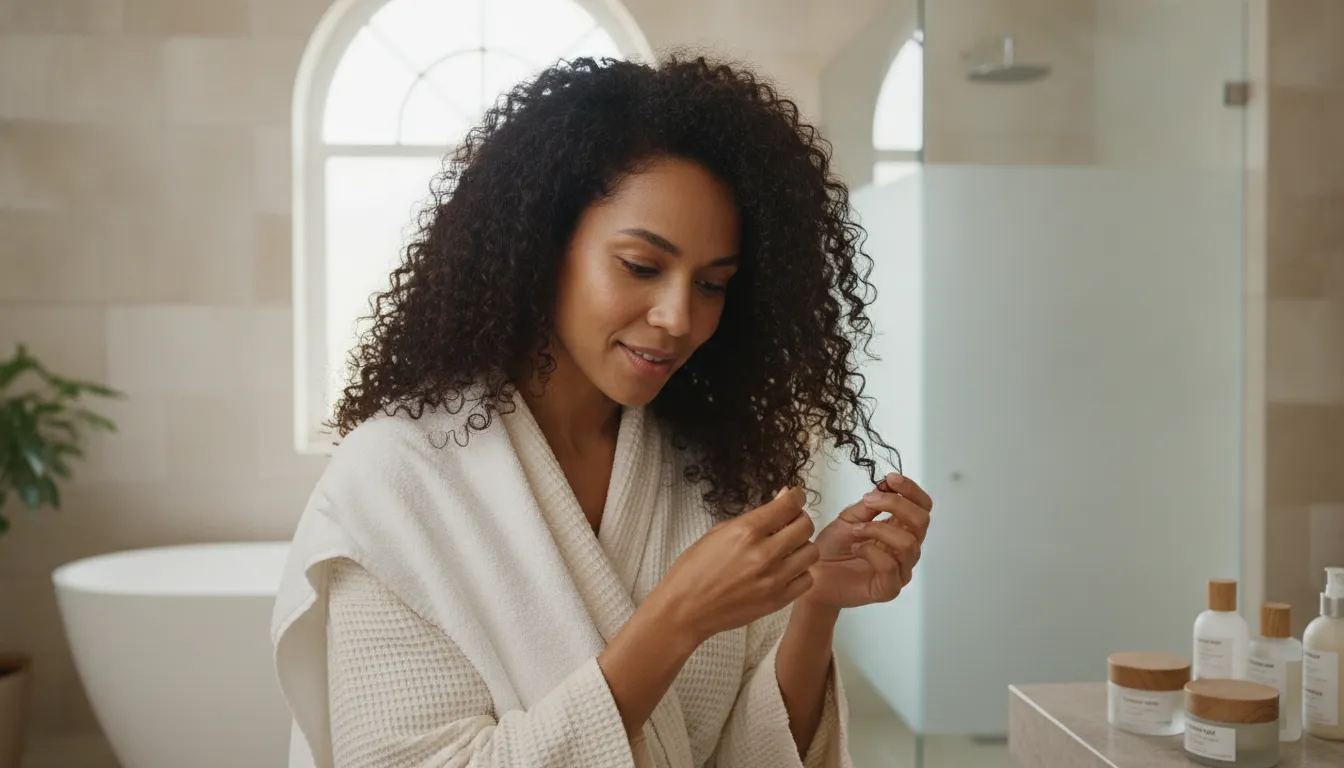 Woman checking defined curly hair after conditioning