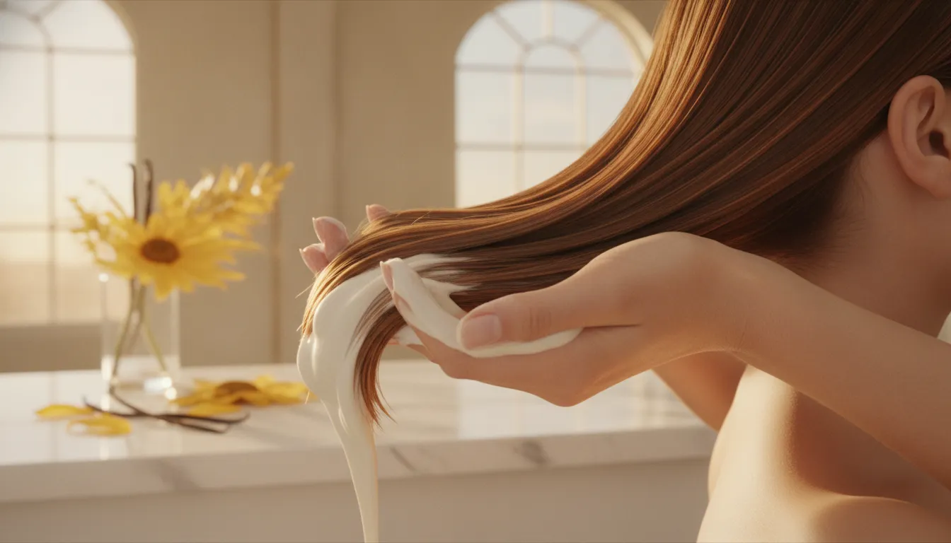 Deep conditioning treatment applied to glossy color-treated hair
