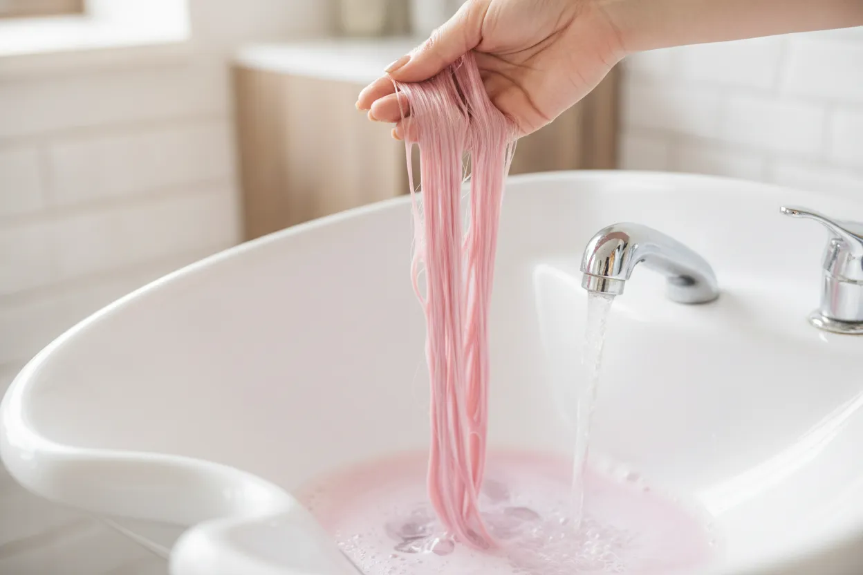 A person gently rinsing temporary hair color from their hair
