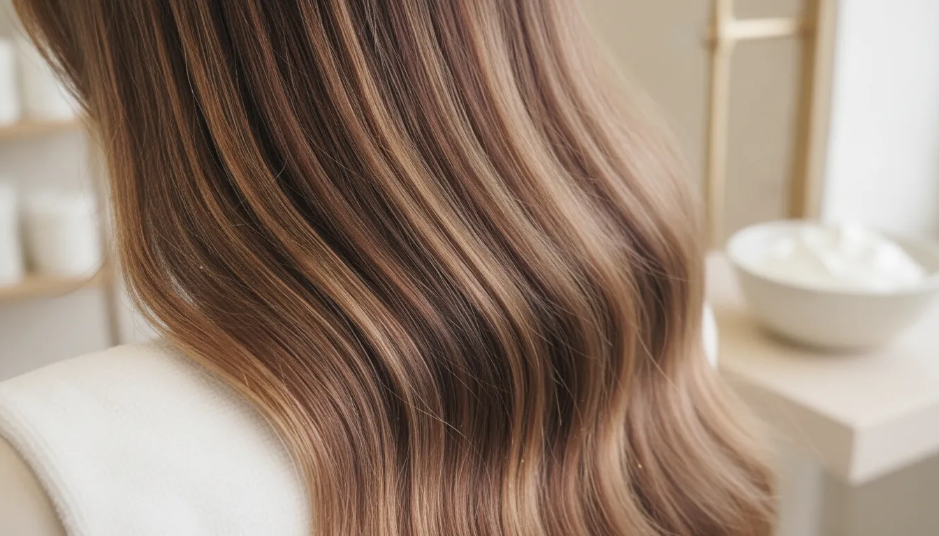 Smooth color-treated hair fiber under soft salon light