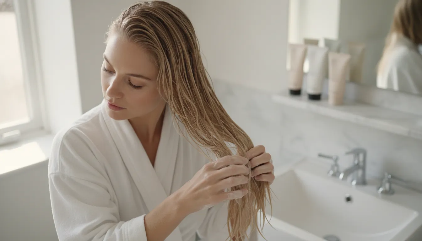 Applying a cream deep conditioner to the mid-lengths of bleached blonde hair for moisture and structural support