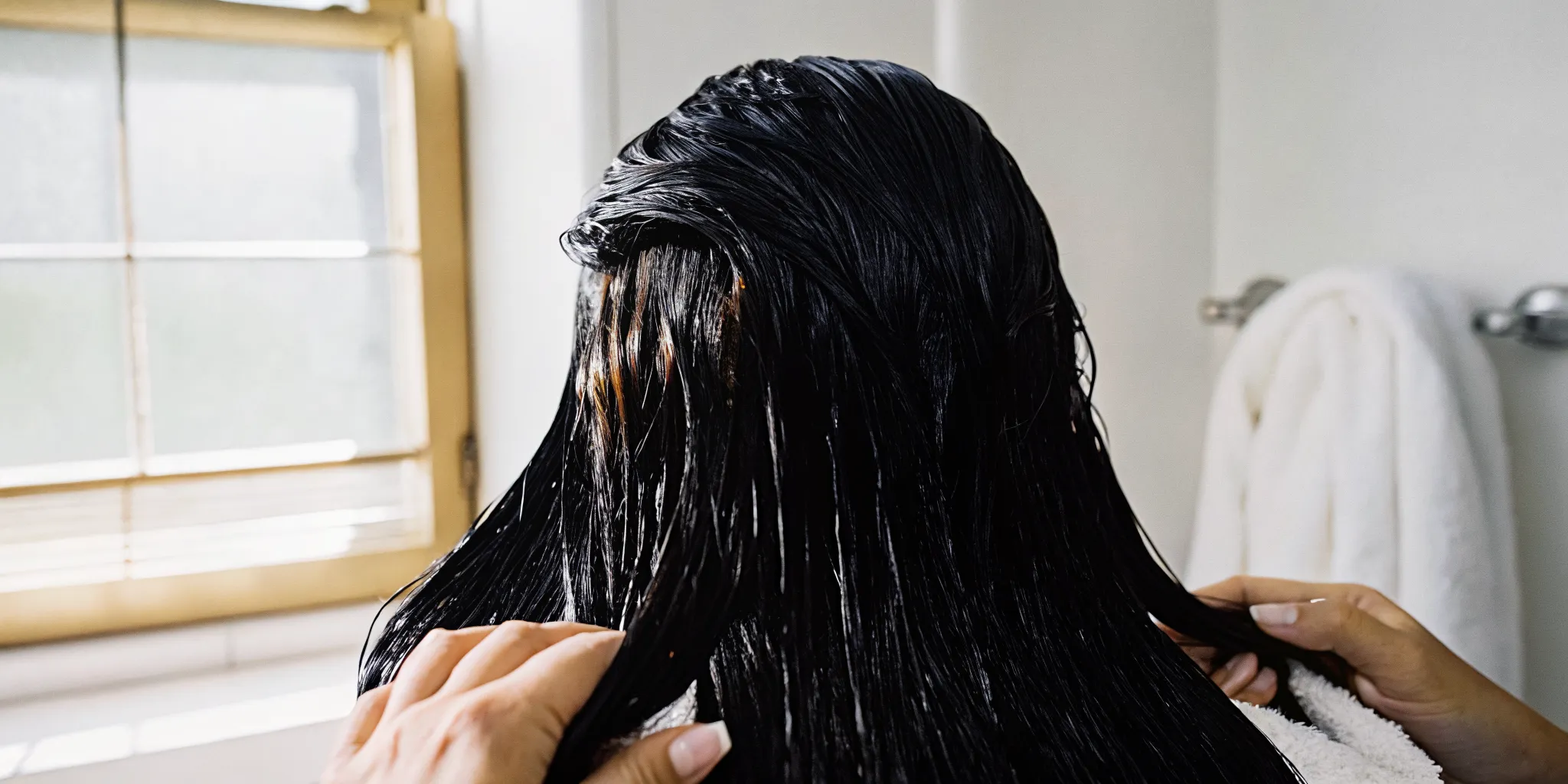 Woman gently holding healthy shiny brunette hair in a sunlit minimalist bathroom