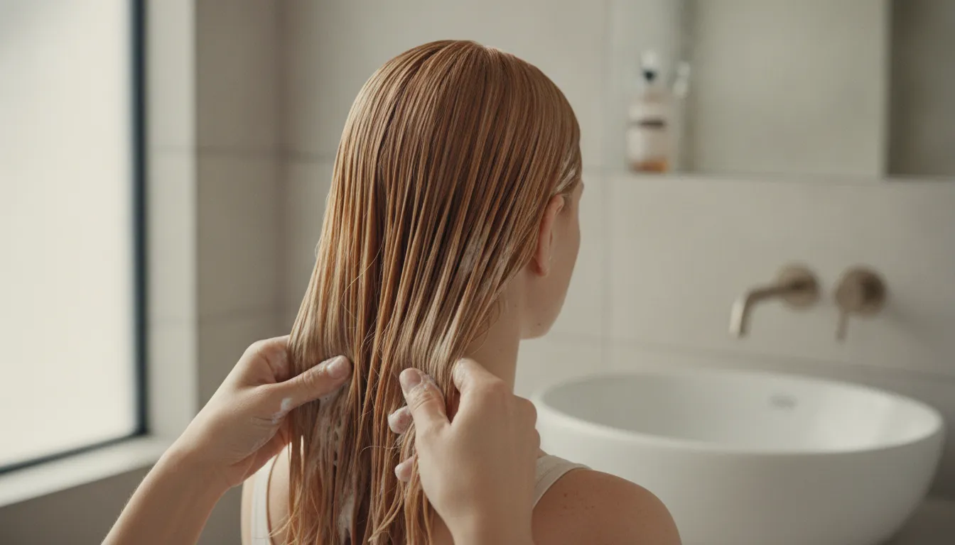 Applying a conditioning treatment gently through fine color-treated hair