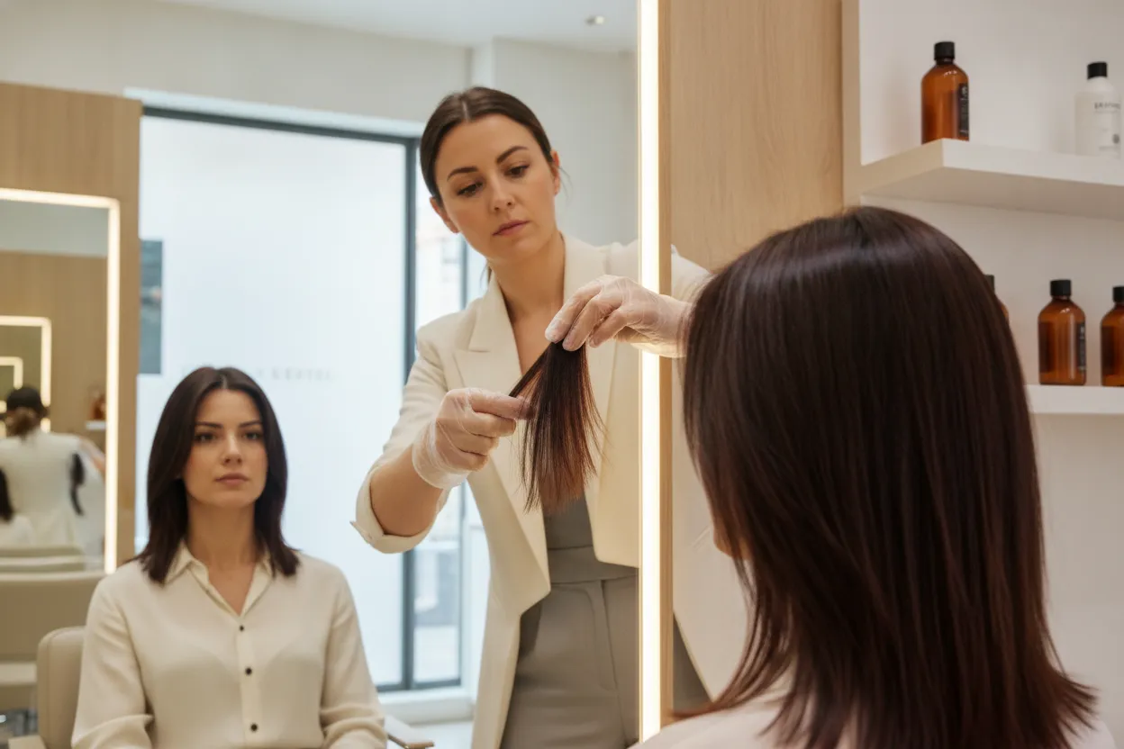 A client discussing a permanent hair color correction plan with a professional colorist