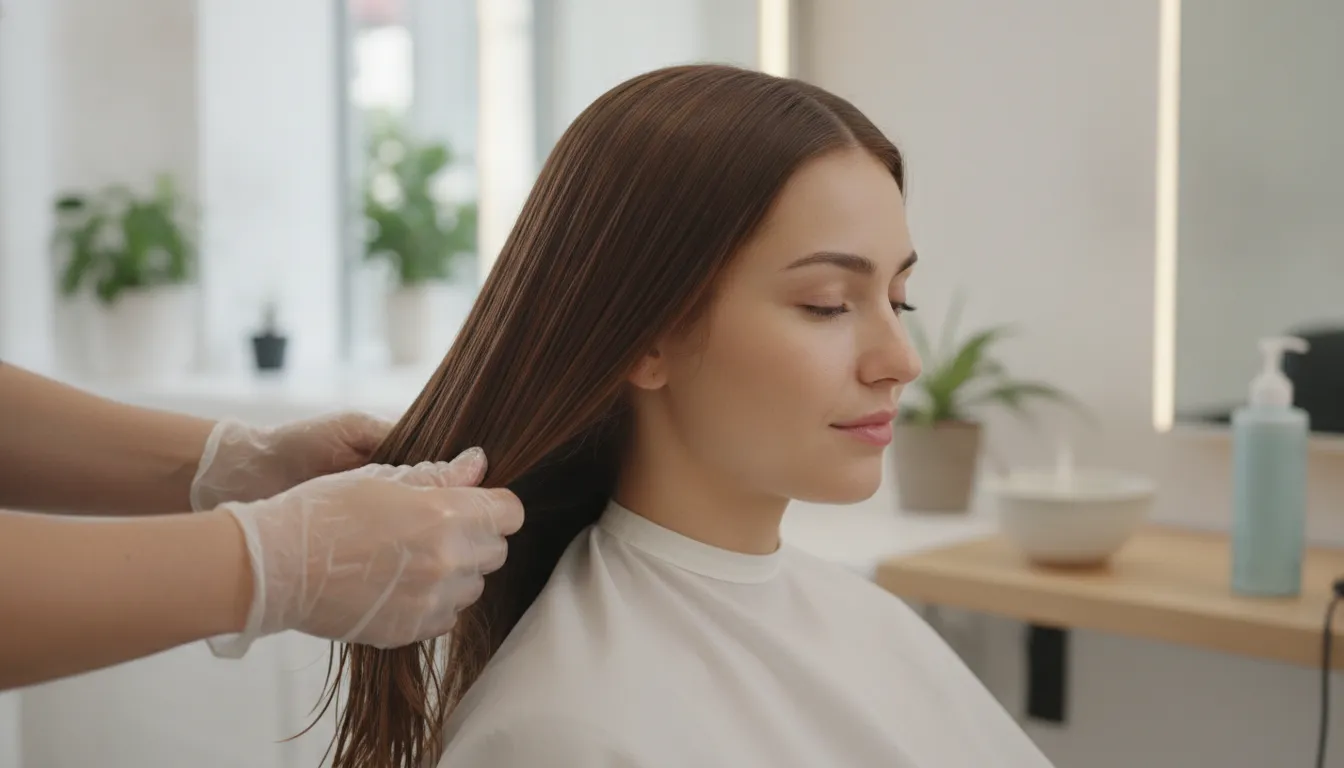 Stylist applying a rinse-out treatment to smooth, resilient color-treated hair