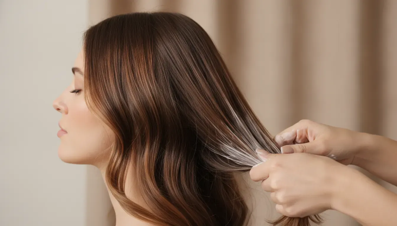Mask being smoothed through damp, color-treated hair from mid-lengths to ends in clean studio light