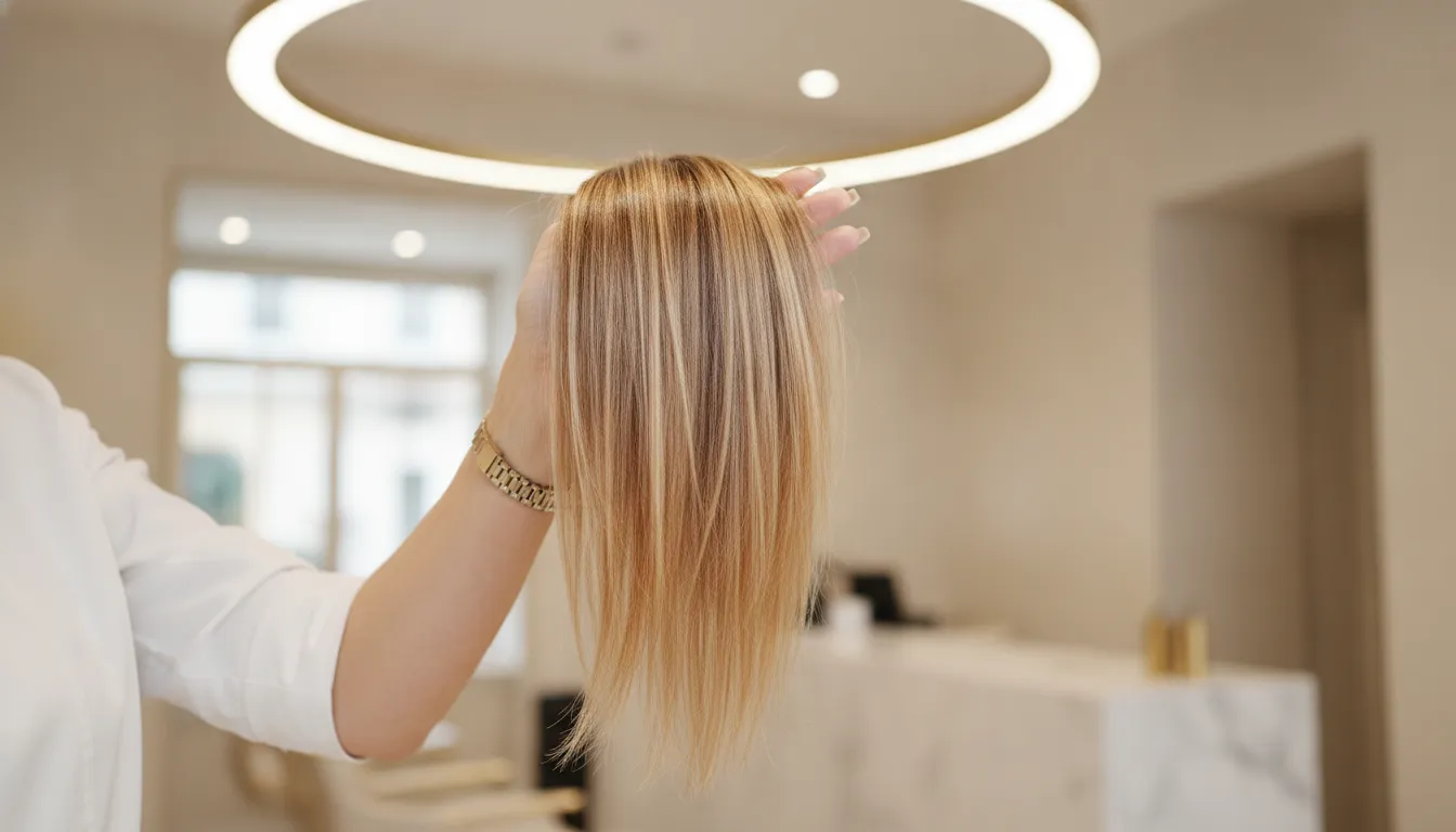 Colorist examining glossy highlighted hair before tonal refinement