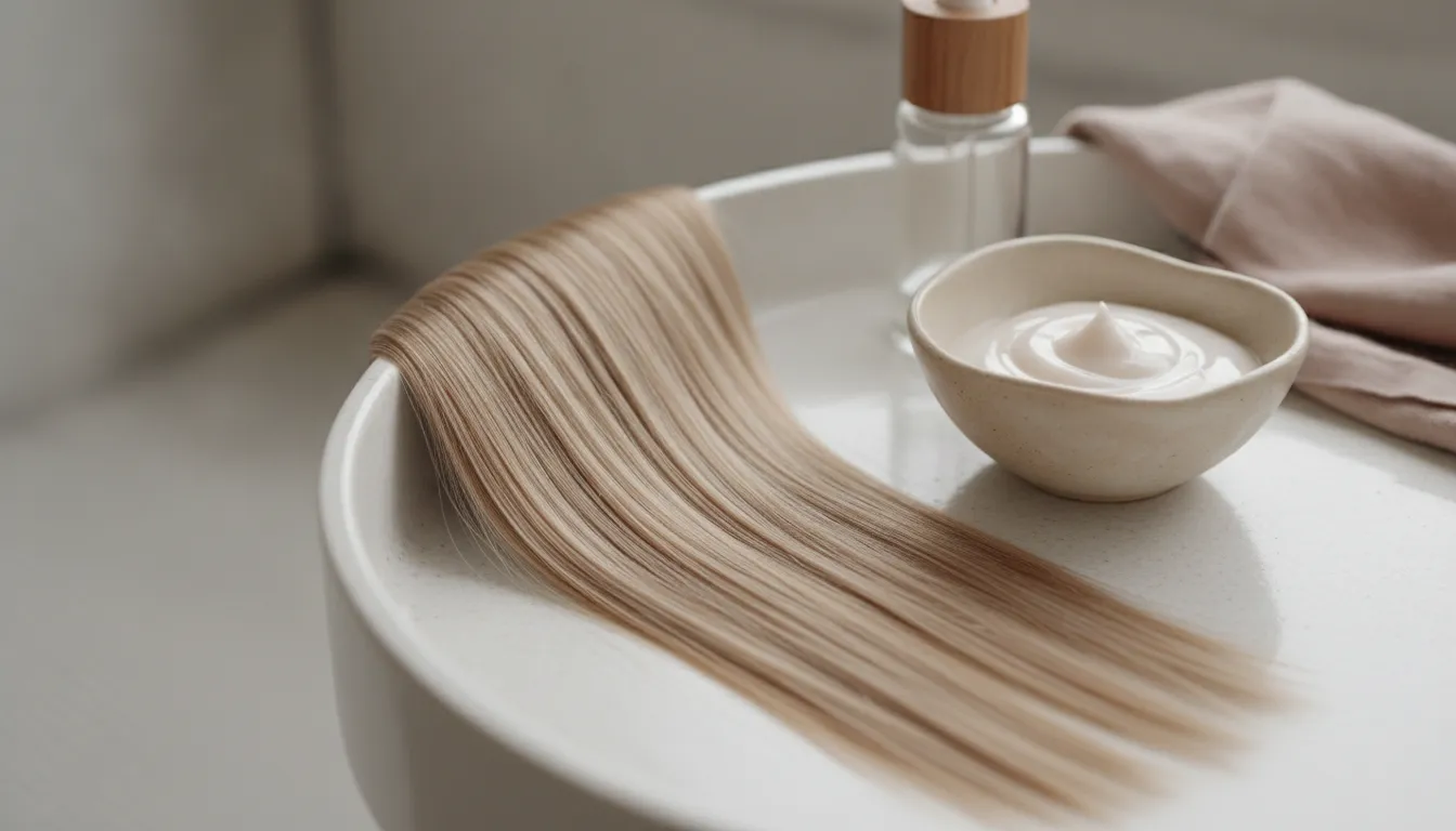 Woman applying a conditioning treatment to fine color-treated hair