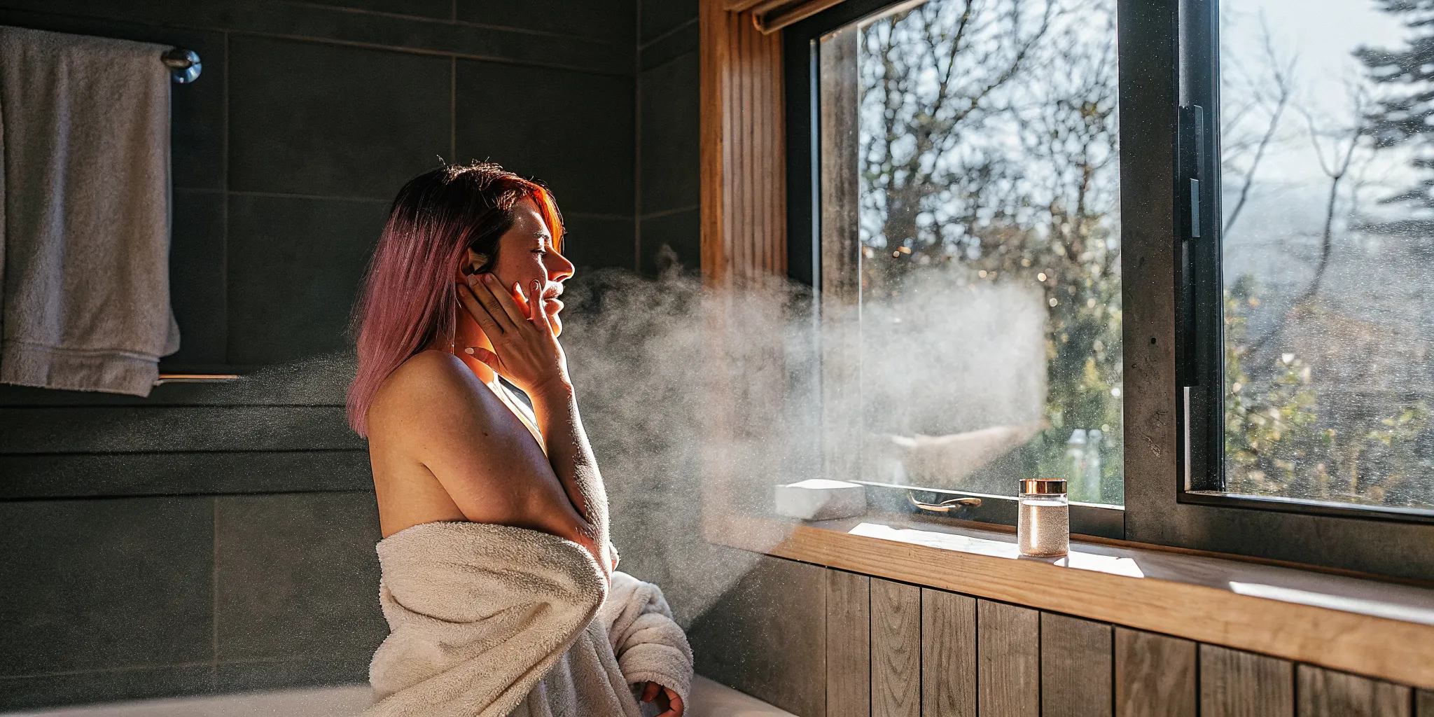 Woman performing winter deep conditioning treatment on color-treated hair in a cozy bathroom, steam rising, soft natural light
